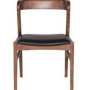 Front view highlighting squared legs and gently curved walnut backrest with black cushion