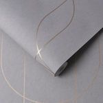 Subtle geometric wallpaper with large rose gold curved lines on a textured gray backdrop, contemporary and elegant look
