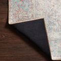 Wynter Red Teal Rug corner flipped to reveal black slip-resistant backing