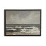 Landscape painting of ocean waves using diluted dry brush technique in muted grays and browns, framed in distressed black ...