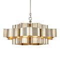 Grand Lotus Chandelier in lighter finish centering light with visible chain and ceiling mount