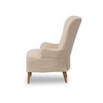 Close crop of aged smoked oak tapered leg with linen fabric above base