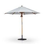 Baska Outdoor Round Umbrella with cream canopy, teak pole, leather pulley, and woven rope cord