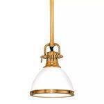 Randolph pendant with glossy white opal glass dome and brass metal accents, suspended by adjustable rod