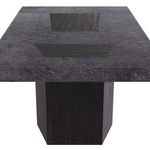 Cocktail table front view showing thick charcoal marble top and one trapezoidal wooden pedestal underneath