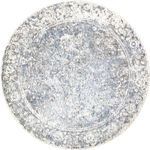 Round 8x8 foot handwoven rug with a blue and gray traditional ornamental pattern and neutral color palette