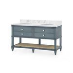 Sienna 2-drawer table with lacquered blue wood, rattan lower shelf, rectangular white Carrara marble top with two undermou...