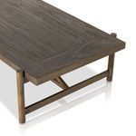 Angle highlighting rectangular top with joinery detail and rounded wood legs