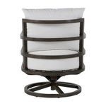 Straight-on back view of swivel rocker with white cushions