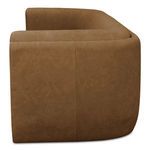 Close-up side view of Alora sofa’s rounded arm and leather upholstery texture