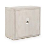 Back view of Bradley oak wood cabinet featuring circular cutouts for cable management
