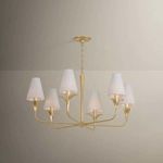 Full chandelier view from a slightly different angle showing all six shades and arms against beige wall background