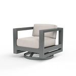 Redondo swivel club chair with low back, linear slate-finished aluminum frame and beige cushions