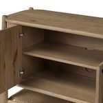 Interior view of cabinet door open exposing sturdy wood shelving and metal door hinges