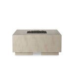 Front view of the fire table showing two rectangular concrete base supports and central lava stone fire pit