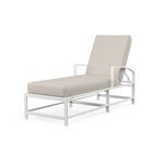 Bristol Chaise with Frost White aluminum frame, gently curved X back, and beige cushions in Can Sunbrella fabric