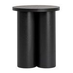Side view of Solstice End Table emphasizing smooth round top and curved base cylinders
