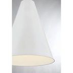 Close-up of the bottom edge of the pendant light's white cone shade with light softly glowing inside
