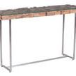 Collage console table with rectangular recycled teak wood top in natural honey finish, stainless steel base, and clear gla...