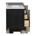 Side view of black linen vanity with drawers open showing wooden interiors