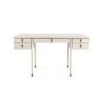 Front view highlighting the symmetrical drawer arrangement and bronze hardware on Lanna desk.