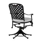 Rear angle view showing lattice back and cushion tie straps on black swivel rocker chair