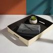 Napa Leather Brown Tray styled on light gray surface with folded cloth and small potted succulent inside