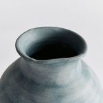 Close-up of the textured, matte gray-blue glaze and ribbing near the Mirela Vase rim