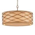 Angled front view of Partita Pendant suspended by chain and metal loop