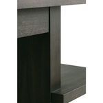Close-up of desk side panel and floating shelf with smooth charcoal oak veneer