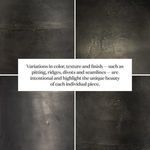 Text panel describing intentional color, texture, and finish variations of iron tabletop