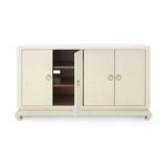 Front view of Meredith 4-Door Cabinet with one door open revealing dark wood interior shelves