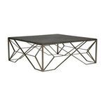 Side angle showing metal base bars converging under square cerused oak top with thin profile