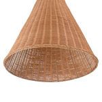 Close-up from below showing open bottom of bell-shaped rattan weave with light off inside