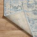 Back corner of rug lifted to show woven polyester backing on wooden floor