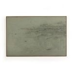 Abstract-expressionist painting with textured, muted green and gray tones featuring drips and mark making