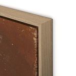 Close-up of painting edge in warmer brown hues, showing paint texture and light wood frame from alternate corner