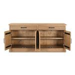 Front view with all doors open revealing interior shelving and black metal hinges