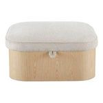 Sonny ottoman with ash veneer base and flecked oatmeal fabric top featuring curved corners and piping detail