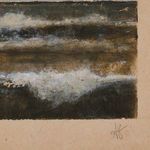 Close-up of painting's bottom right corner showing signature with dry brush texture