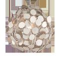 Round chandelier with multiple silver leaf-like metal discs creating an orb shape around a central light bulb
