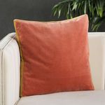 Coral and gold pillow styled on white sofa with green plant in background