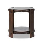 Another close-up of pegged joinery on vertical leg of round two tier end table