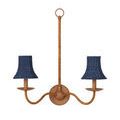 Front-facing view of double Bell Indigo chandelier shades on curved wooden arms with ring hanger