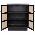Logan Cabinet with doors open revealing two internal shelves and woven cane on door interiors