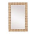 Side view showing mirror with rectangular stacked travertine tile frame and smooth edges