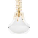 Front view of Coventry Pendant with smooth white plaster shade and polished brass chain