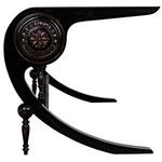 Side profile emphasizing scroll-shaped ends with intricate carved floral motif in contrasting brown trim