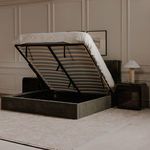 Diagram with front and side Sebastion Storage Bed measurements and dimensions in inches