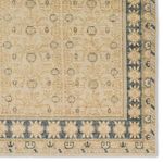 Close crop of rug corner highlighting detailed blue and tan floral trellis border pattern